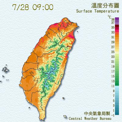今(28)日大台北及桃園地區將有36度高溫,並預計有37度以上高溫發生的機率。 圖:中央氣象局 今(28)日大台北及桃園地區將有36度高溫,並預計有37度以上高溫發生的機率。 圖:中央氣象局