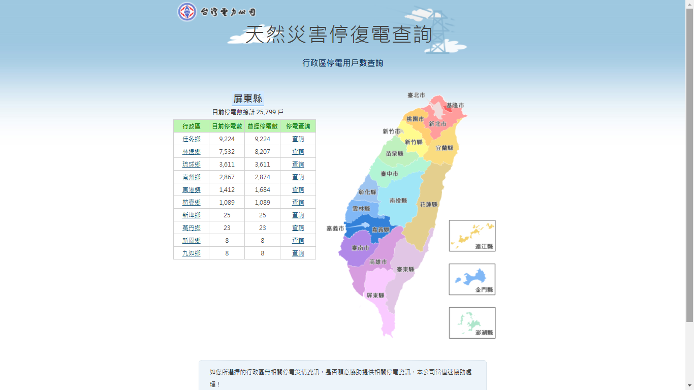 屏東縣目前停電戶數總計,分別位於佳冬鄉、林邊鄉、琉球鄉、南州鄉、東港鎮、枋寮鄉、新埤鄉、萬丹鄉、新園鄉、九如鄉共25799戶停電。 圖:台灣電力公司網站 屏東縣目前停電戶數總計,分別位於佳冬鄉、林邊鄉、琉球鄉、南州鄉、東港鎮、枋寮鄉、新埤鄉、萬丹鄉、新園鄉、九如鄉共25799戶停電。 圖:台灣電力公司網站
