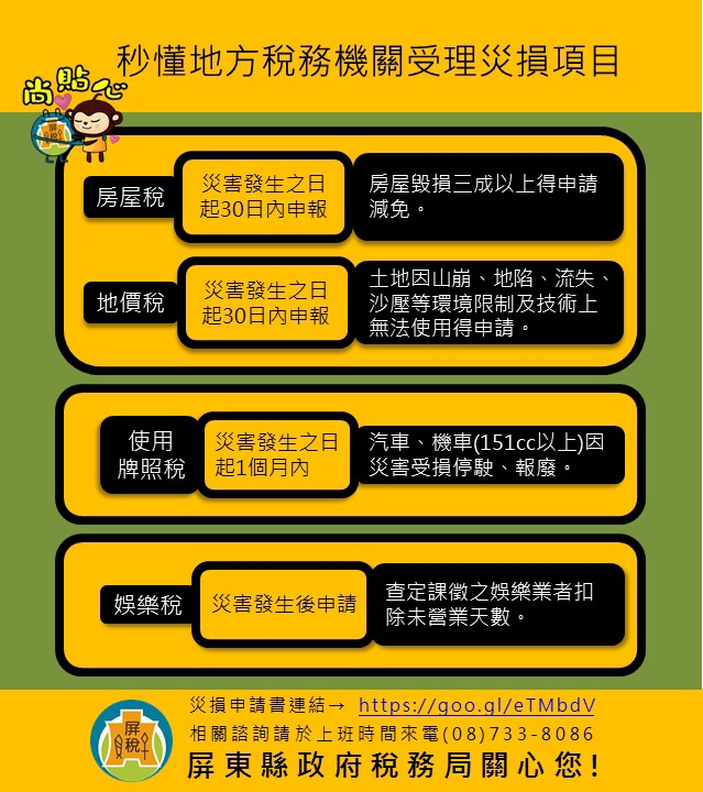 民眾如有財產損失達減免稅捐標準者,可於8/31前提出申請 圖:屏東縣政府 民眾如有財產損失達減免稅捐標準者,可於8/31前提出申請 圖:屏東縣政府