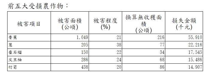 農產損失估計損失金額達到2億6606萬元,受損作物主要為香蕉,被害面積1049公頃,損失金額5591萬元,其次分別為蔥、番石榴、文旦柚及竹筍等損失金額較多,恐怕將衝擊中秋節文旦的銷售價錢。 圖:農委會製表 農產損失估計損失金額達到2億6606萬元,受損作物主要為香蕉,被害面積1049公頃,損失金額5591萬元,其次分別為蔥、番石榴、文旦柚及竹筍等損失金額較多,恐怕將衝擊中秋節文旦的銷售價錢。 圖:農委會製表