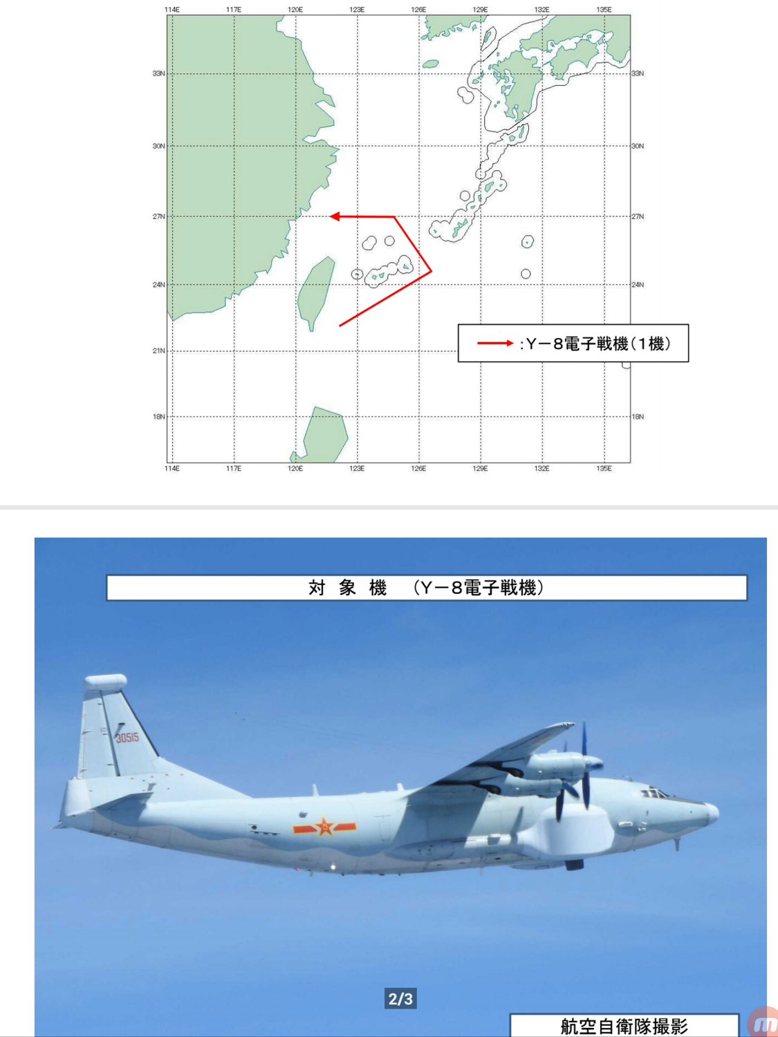 中國空軍一架運8電戰機,昨(9)日從西太平洋經宮古海峽飛入東海空域。從飛航路線圖看來,,這架電戰機從巴士海峽經西太平洋北上,自東面繞行台灣。
圖:翻攝自日本防衛省統合幕僚監部官網(www.mod.go.jp) 中國空軍一架運8電戰機,昨(9)日從西太平洋經宮古海峽飛入東海空域。從飛航路線圖看來,,這架電戰機從巴士海峽經西太平洋北上,自東面繞行台灣。
圖:翻攝自日本防衛省統合幕僚監部官網(www.mod.go.jp)