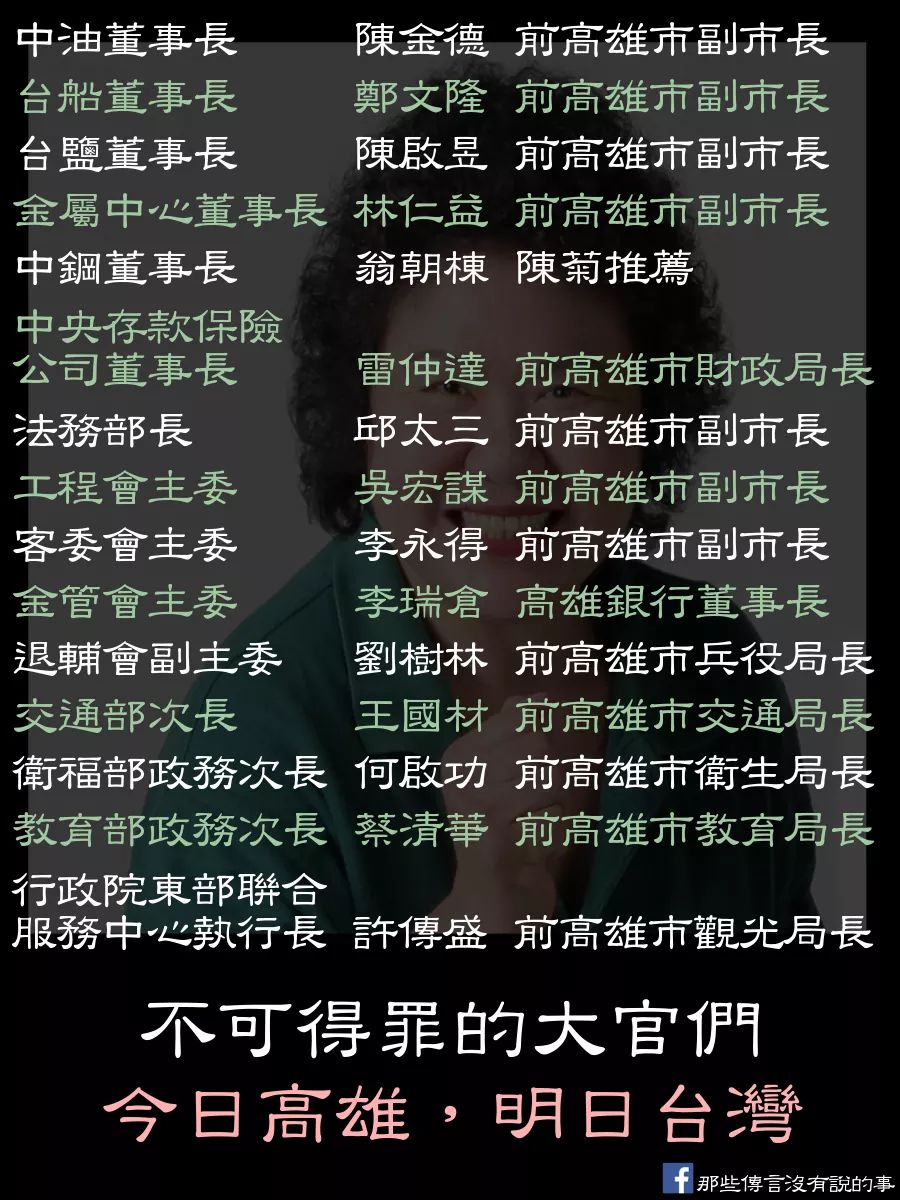 貼文寫著「不可得罪的大官們」、「今日高雄 明日台灣」,衝著陳菊(新系)而來的意圖再明顯不過。 圖:翻攝「那些傳言沒說的事」臉書 貼文寫著「不可得罪的大官們」、「今日高雄 明日台灣」,衝著陳菊(新系)而來的意圖再明顯不過。 圖:翻攝「那些傳言沒說的事」臉書
