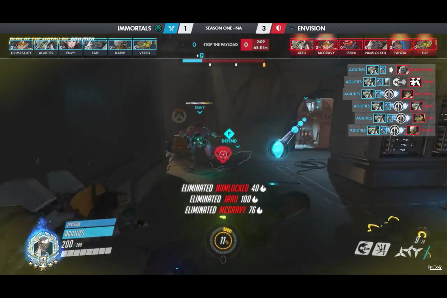 Agilities大秀源氏操作,拔刀以一切五。 圖:翻攝自Overwatch Contenders的Twitch Agilities大秀源氏操作,拔刀以一切五。 圖:翻攝自Overwatch Contenders的Twitch