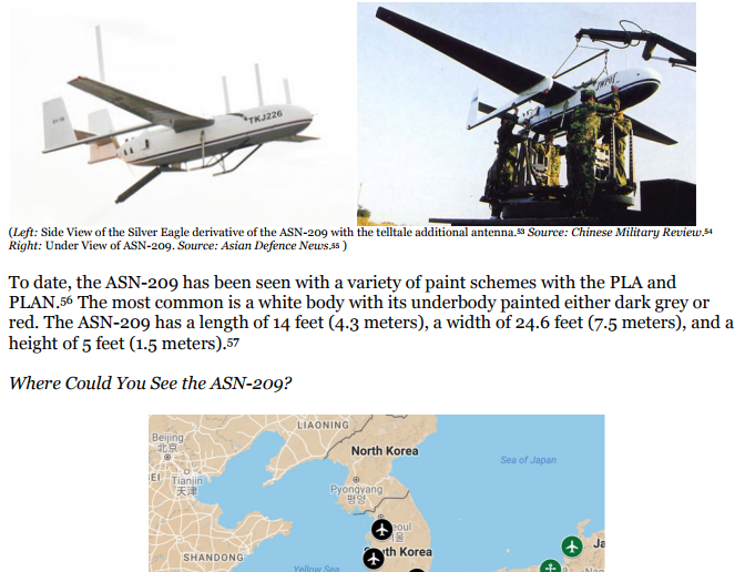 美方報告指4.3公尺長、7.5公尺寬的 ASN-209型無人機,飛行範圍為200公里遠,目前部署在東海附近。 圖:翻攝2049項目研究所報告 美方報告指4.3公尺長、7.5公尺寬的 ASN-209型無人機,飛行範圍為200公里遠,目前部署在東海附近。 圖:翻攝2049項目研究所報告