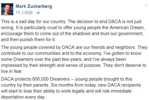 臉書執行長祖克柏(Mark Zuckerberg)在其臉書發文,認為廢止計畫將會是對年輕移民最大的傷害,要求其信任,又在之後因此懲罰他們。 圖:翻攝自祖克柏臉書 臉書執行長祖克柏(Mark Zuckerberg)在其臉書發文,認為廢止計畫將會是對年輕移民最大的傷害,要求其信任,又在之後因此懲罰他們。 圖:翻攝自祖克柏臉書