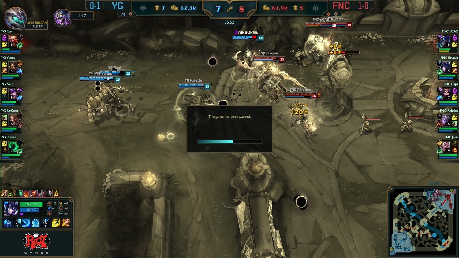 當FNC與YG的會戰打得正精彩,畫面卻突然暫停。 圖:翻攝自 LoL Esports YouTube 當FNC與YG的會戰打得正精彩,畫面卻突然暫停。 圖:翻攝自 LoL Esports YouTube