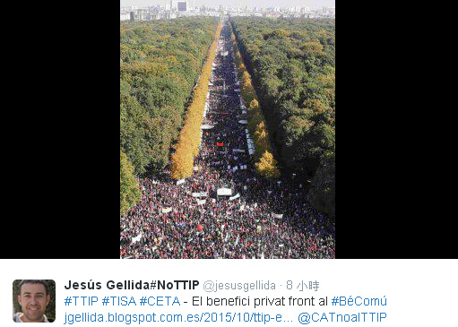 民間團體發起國際「STOP TTIP」串聯活動,上周未有15萬德國人走上柏林街頭,聲勢驚人。圖:翻攝STOP TTIP組織臉書 民間團體發起國際「STOP TTIP」串聯活動,上周未有15萬德國人走上柏林街頭,聲勢驚人。圖:翻攝STOP TTIP組織臉書