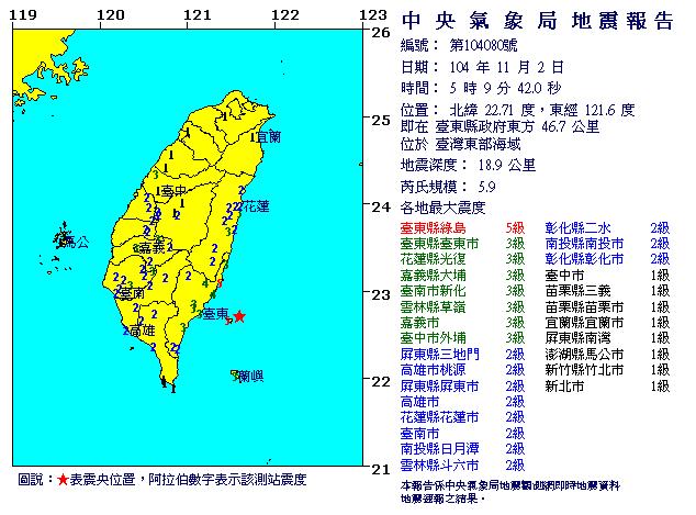 2日清晨5時09分,台灣東部海面46.7公里發生規模芮氏5.9地震,綠島震度5級。圖:翻攝中央氣象局 2日清晨5時09分,台灣東部海面46.7公里發生規模芮氏5.9地震,綠島震度5級。圖:翻攝中央氣象局
