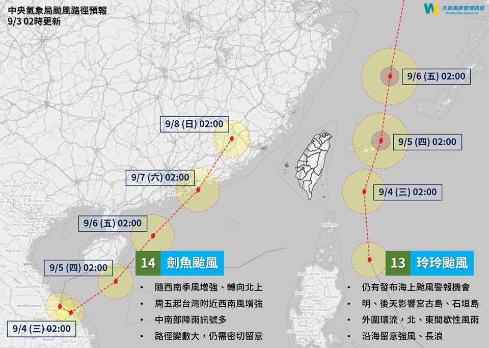 天氣風險公司PO出一張圖，讓民眾了解玲玲、劍魚颱風動態。   圖：天氣風險公司/提供
