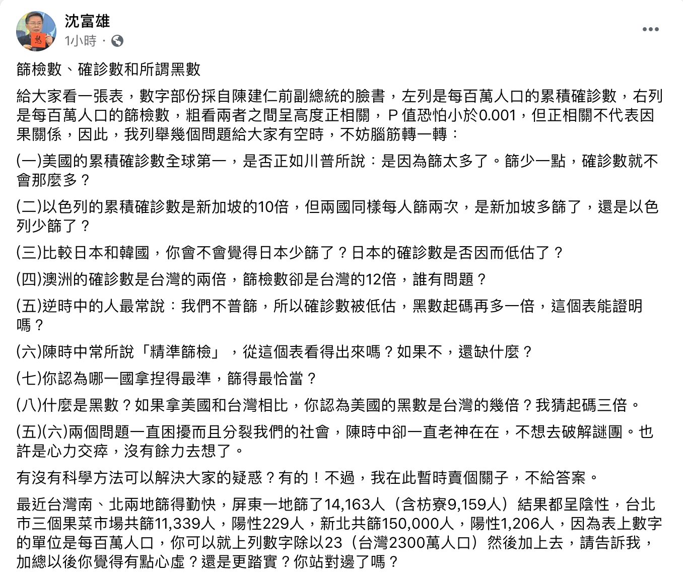 台灣確診黑數怎來的？ 沈富雄批：陳時中老神在在 不想解決謎團