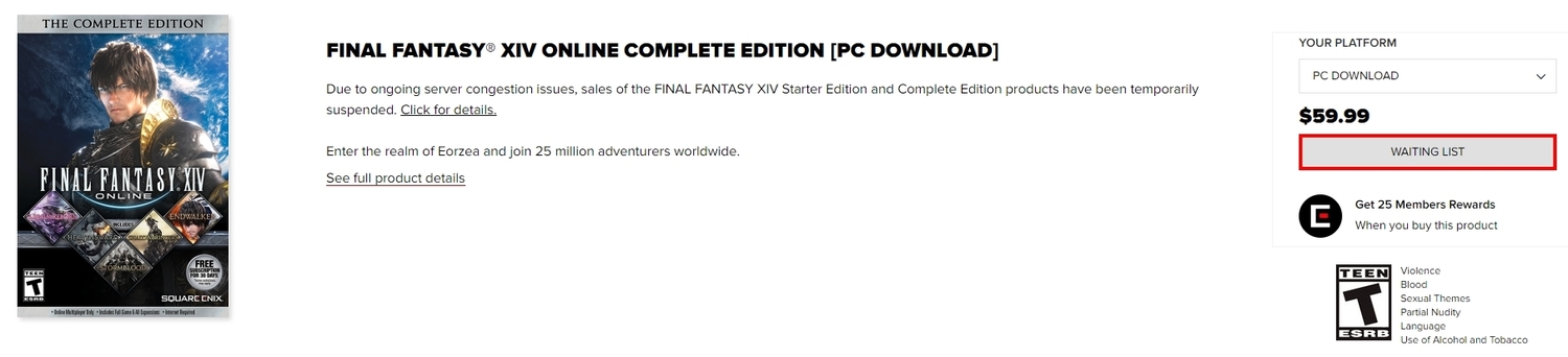 目前《FF14》已從官方網路通路下架。 圖：翻攝自Square Enix線上商城