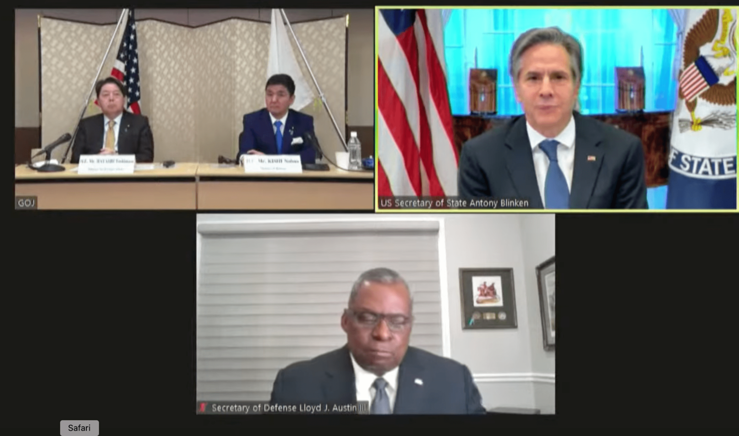 美國和日本舉行「2＋2會談」。   圖：截取自2＋2會談直播