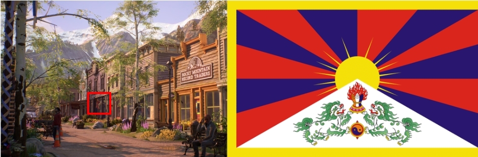 《奇異人生：本色》遊戲街道上出現象徵西藏獨立的「雪山獅子旗」，引發中國網友不滿。 圖：翻攝自《奇異人生：本色》Steam、維基百科