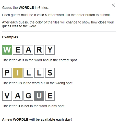 《Wordle》將透過不同顏色的格子提供推理方向。 圖：翻攝自《Wordle》