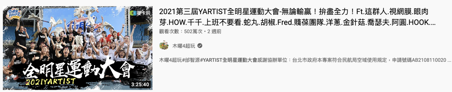 2021第三屆YARTIST全明星運動大會。 圖：翻攝自YARTIST全明星運動大會YT(@木曜4超玩)