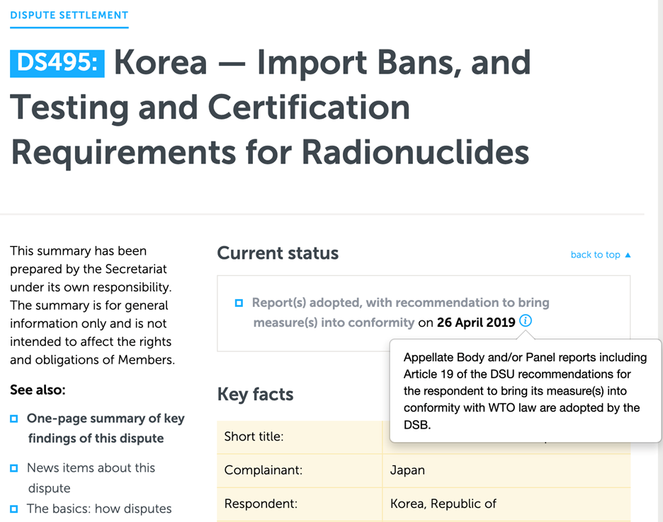 圖說：在WTO官網上，對於日韓關於日本進口韓國食品被禁止，並要求核種檢測認證的調解結果，同意韓國所提的處置方式符合WTO的法規。 圖：取自2023年3月15日WTO爭議調解官網
