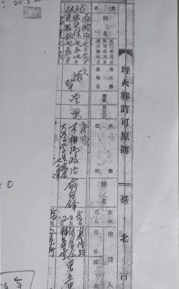 台北市殯葬管理處提供的埋葬許可簿上死因寫「胸腔內出血而亡」。 圖：取自《紀念俞自鋒被自殺案》網站