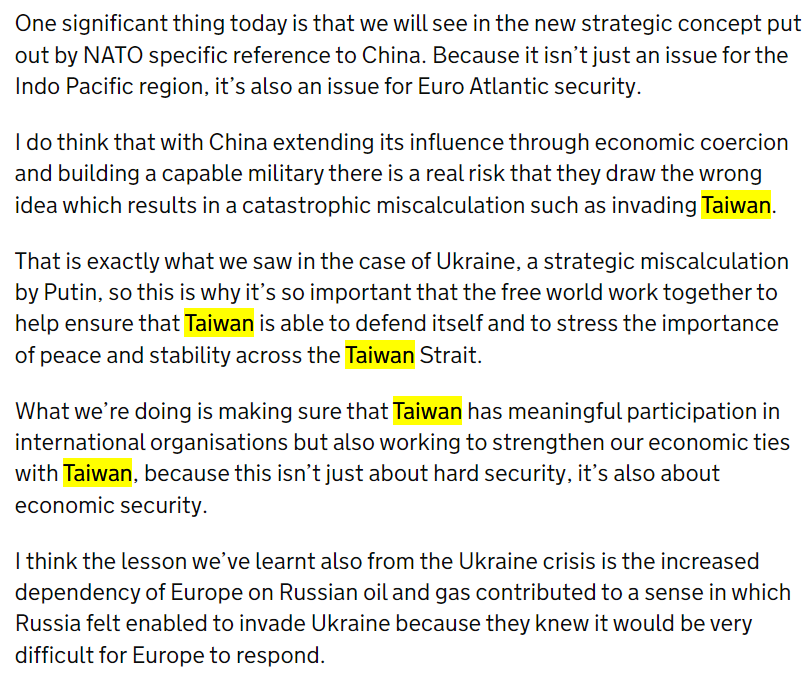 特拉斯在去年6月北約峰會期間也表示,台灣的安全不僅攸關軍事安全,也關乎經濟安全,必須確保台灣有意義地參與國際組織。 圖 : 翻攝自GOV.UK 網站