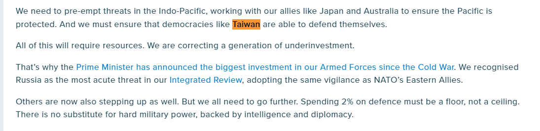 特拉斯在去年4月發表的英國外交政策演說中，首度提及應確保台灣等民主政體具備自我防衛能力。 圖 : 取自www.elizabethtruss.com 網站