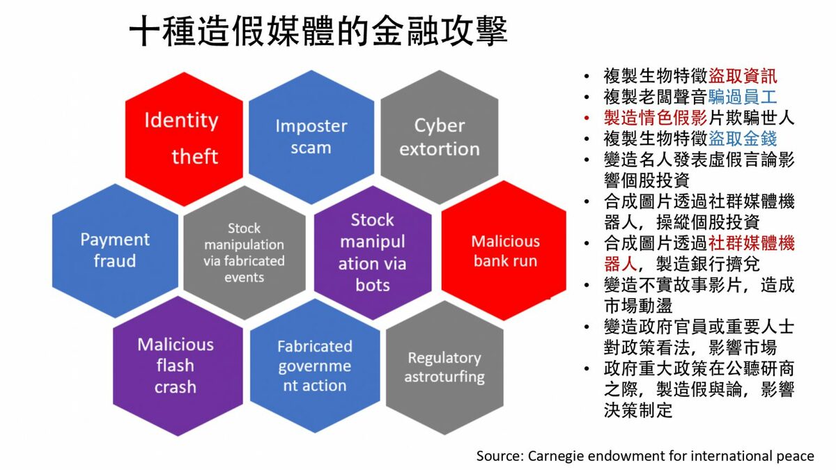  卡內基和平基金會針對造假媒體金融攻擊的樣態列舉。 圖：陳鴻達提供