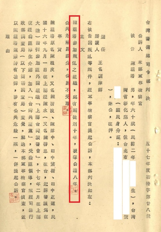  陳祖培由調查局派往日本，進行對「台獨」的情報戰，後來被警備總部依參加叛亂組織罪嫌判刑10年。 檔案管理局，檔號：B3750347701=0058=1571=083=001=008=0008 