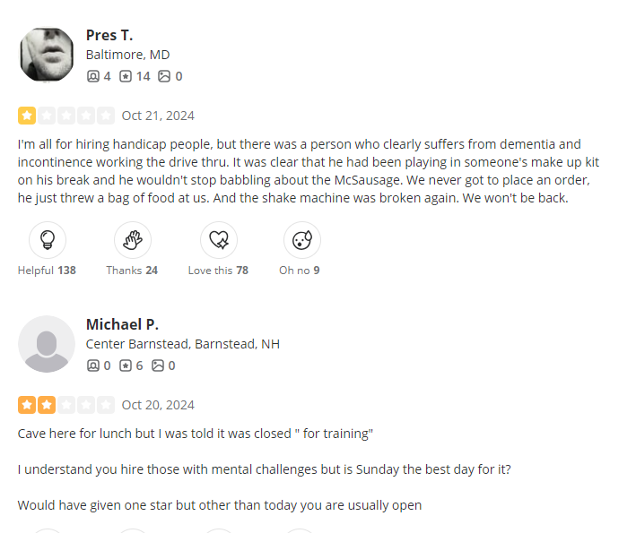  賓州Feasterville-Trevose 這家麥當勞的 Yelp 出現一些負面的評論。 圖：截自「 x 」@DreamcatcherDK 