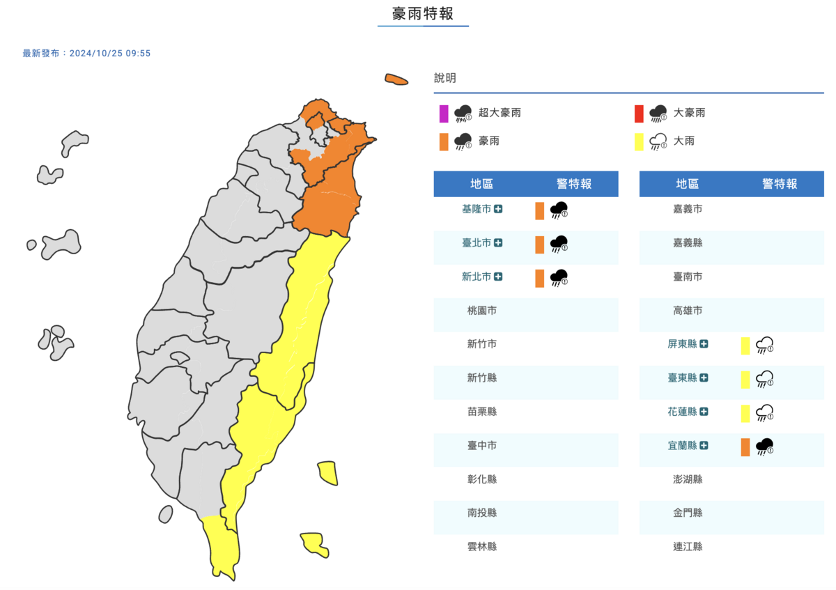  受潭美颱風外圍環流與東北季風共伴影響，24日、25日基隆北海岸、大臺北地區、東半部地區、恆春半島有大雨或豪雨；尤其24日～25日清晨基隆北海岸、大臺北山區、東北部山區及東部山區有豪雨等級以上降雨發生機率。 圖：截自中央氣象署 