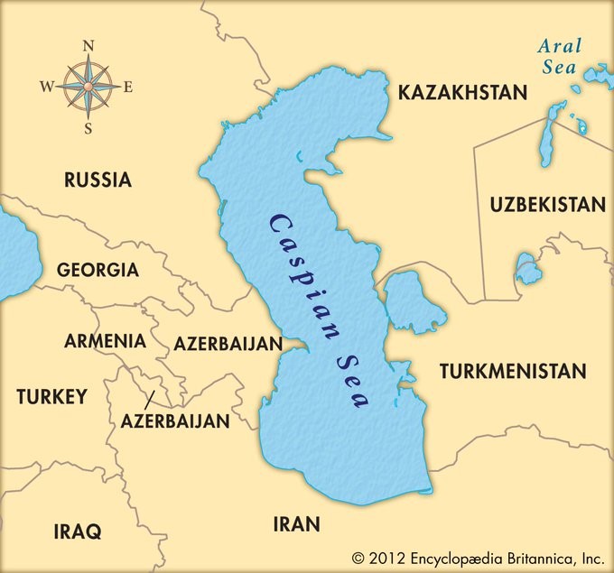  裏海 ( Caspian sea ) 海岸線長度超過 4,000 英里，由哈薩克、伊朗、亞塞拜然、俄羅斯和土庫曼 5 國共享。 圖片來源: X 帳號@UPSC_Tricks