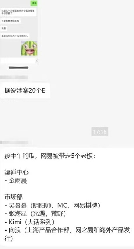  網易遊戲市場部等多人已被帶走調查，涉案合約金額大概在 20 億元人民幣的規模。 圖：截自「 x 」@fang_danie121 