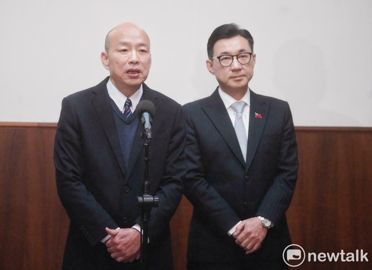 立法院長韓國瑜在副院長江啟臣的陪同下舉行記者會，說明總統賴清德與五院院長會談情形。   圖：張良一/攝