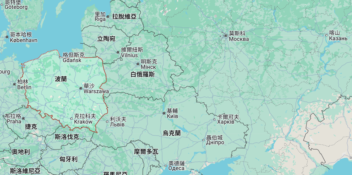  波蘭位處北約（NATO）東翼，近年來因俄烏戰爭的持續發展而對國家安全高度警惕。 圖:擷自Google map 
