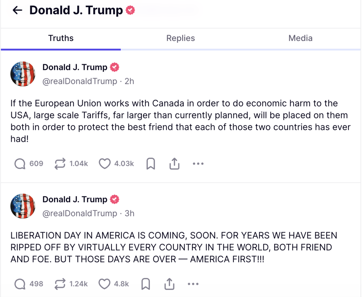 美國總統川普於自己的社群平台上發文威脅，若歐盟和加拿大聯手對抗貿易關稅，美國將對它們徵收「更高的稅」。   圖：翻攝自Truth Social