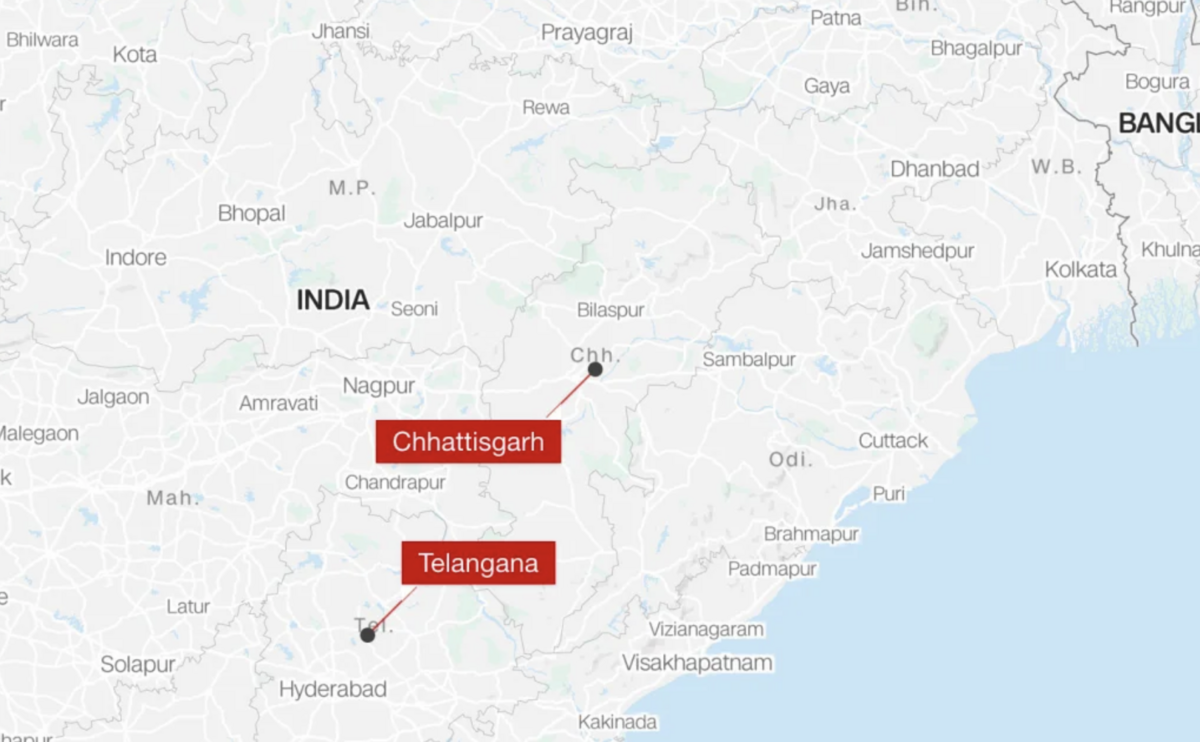  恰蒂斯加爾（Chhattisgarh）與特倫甘納（Telangana）是印度落後地區，長期受到毛主義叛亂份子侵害。 圖：翻攝自地圖 