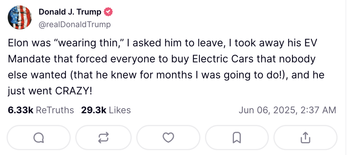 ▲川普在社交媒體上寫到，「伊隆『精疲力竭』了，我要他離開，我取消了他的電動車授權，它強迫每個人都要買別人不想要的電動車（他幾月前就知道我要這麼做！），他瘋了！」 圖：川普的 Truth Social