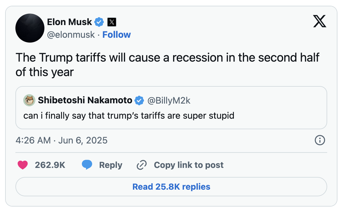 ▲馬斯克發文指控川普，其關稅政策將致今年下半年美國經濟衰退，並認同該政策很「愚蠢」。 圖：馬斯克的 Twitter 