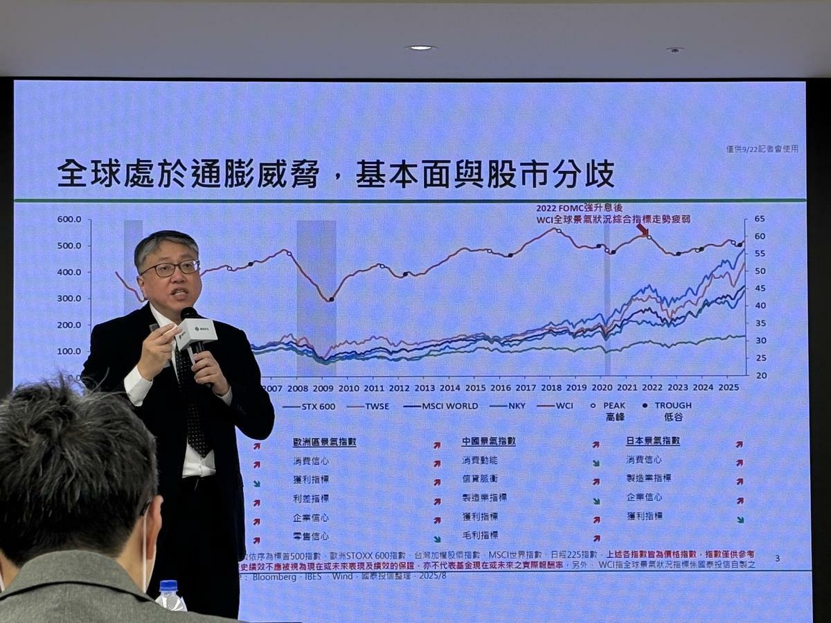 國泰投信全球經濟與策略研究處副總經理王誠宏說，明年主要經濟體景氣可望持續擴張。 圖：黃偉柏／攝影