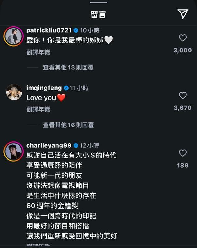  許多藝人在貼文下方留言力挺。 圖：翻攝自小 S IG @elephentdee 