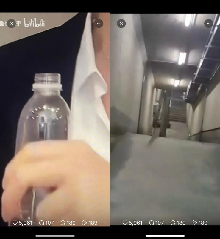  于朦朧生前直播畫面，寶特瓶反射場景與「死亡通道」相似。 圖：翻攝自Threads帳號 @clovia.food 