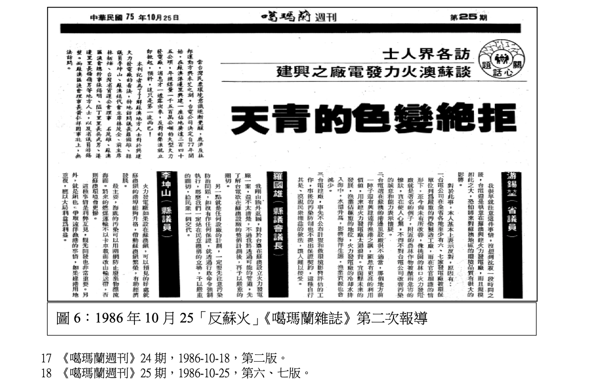  1986 年 10 月 25「反蘇火」《噶瑪蘭雜誌》第二次報導 圖：游錫堃提供 