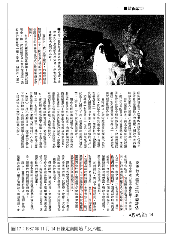  1987 年 11 月 14 日陳定南開始「反六輕」 圖：游錫堃提供 