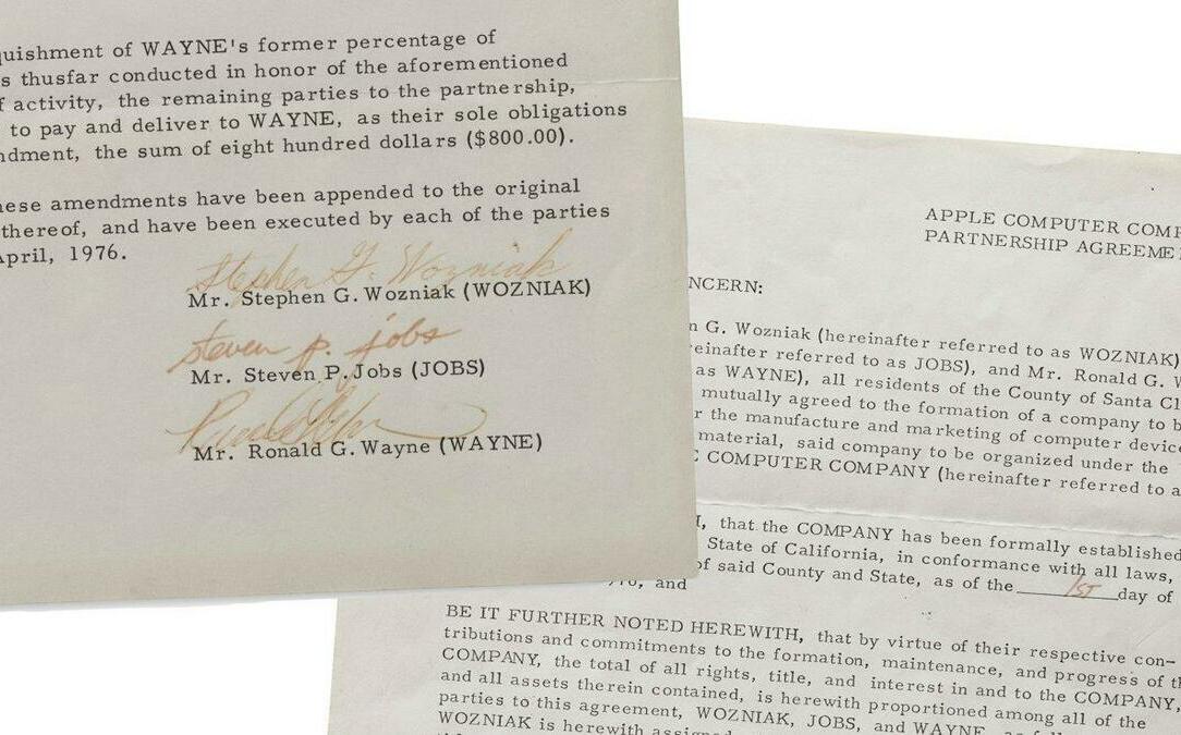 估上看400萬美元！含賈伯斯等3名創辦人親筆簽名 蘋果1976年創辦文件將拍賣
