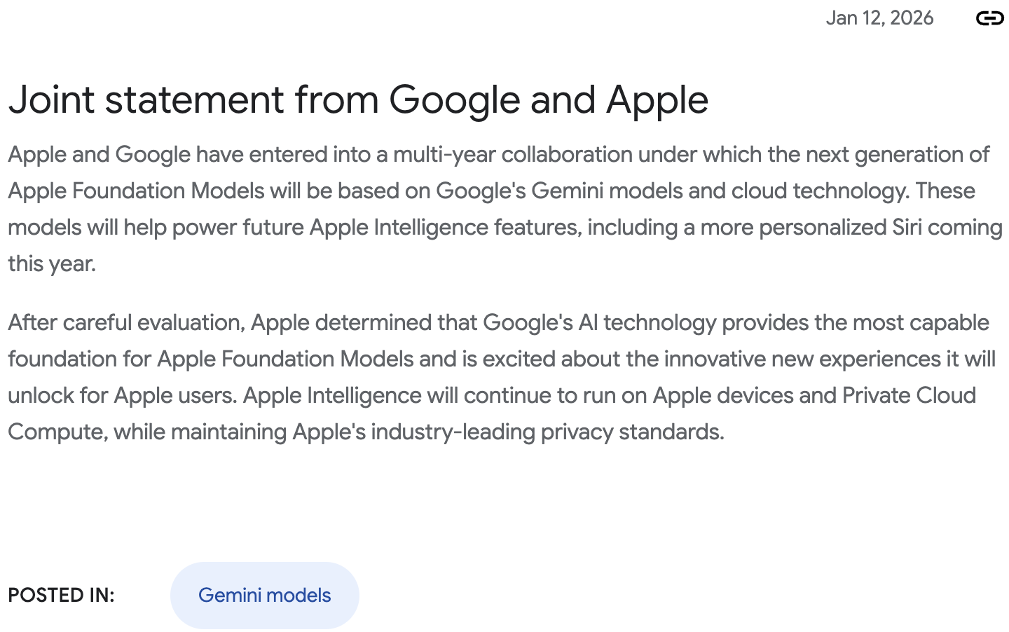  谷歌發出公告證實將和蘋果合作，未來 iPhone 的 AI Siri 和強化版 Apple Intelligence 將採用 Gemini 模型。 圖：google 官網 