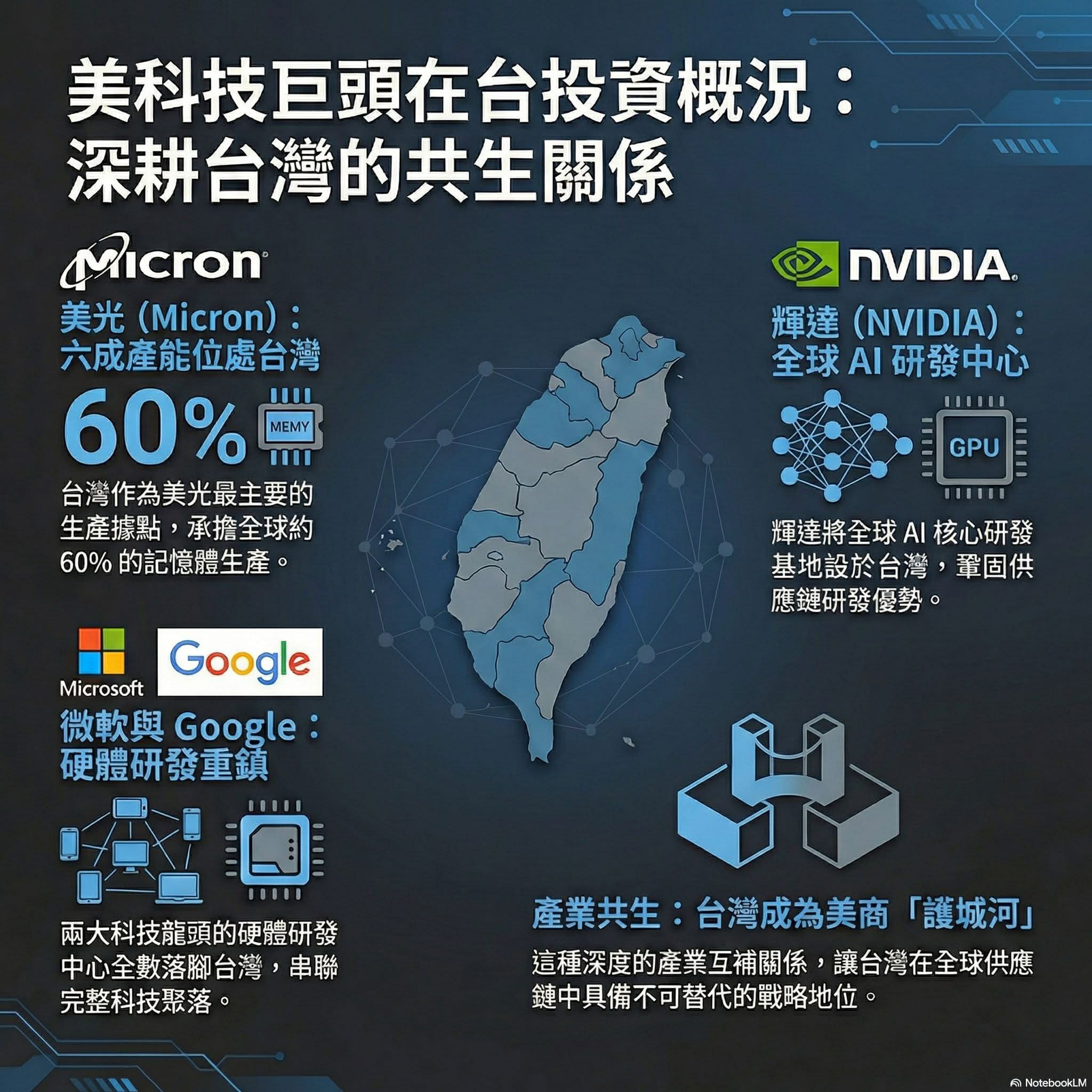  美科技巨頭在台投資概況。 圖：翻攝自臉書 @謝金河 