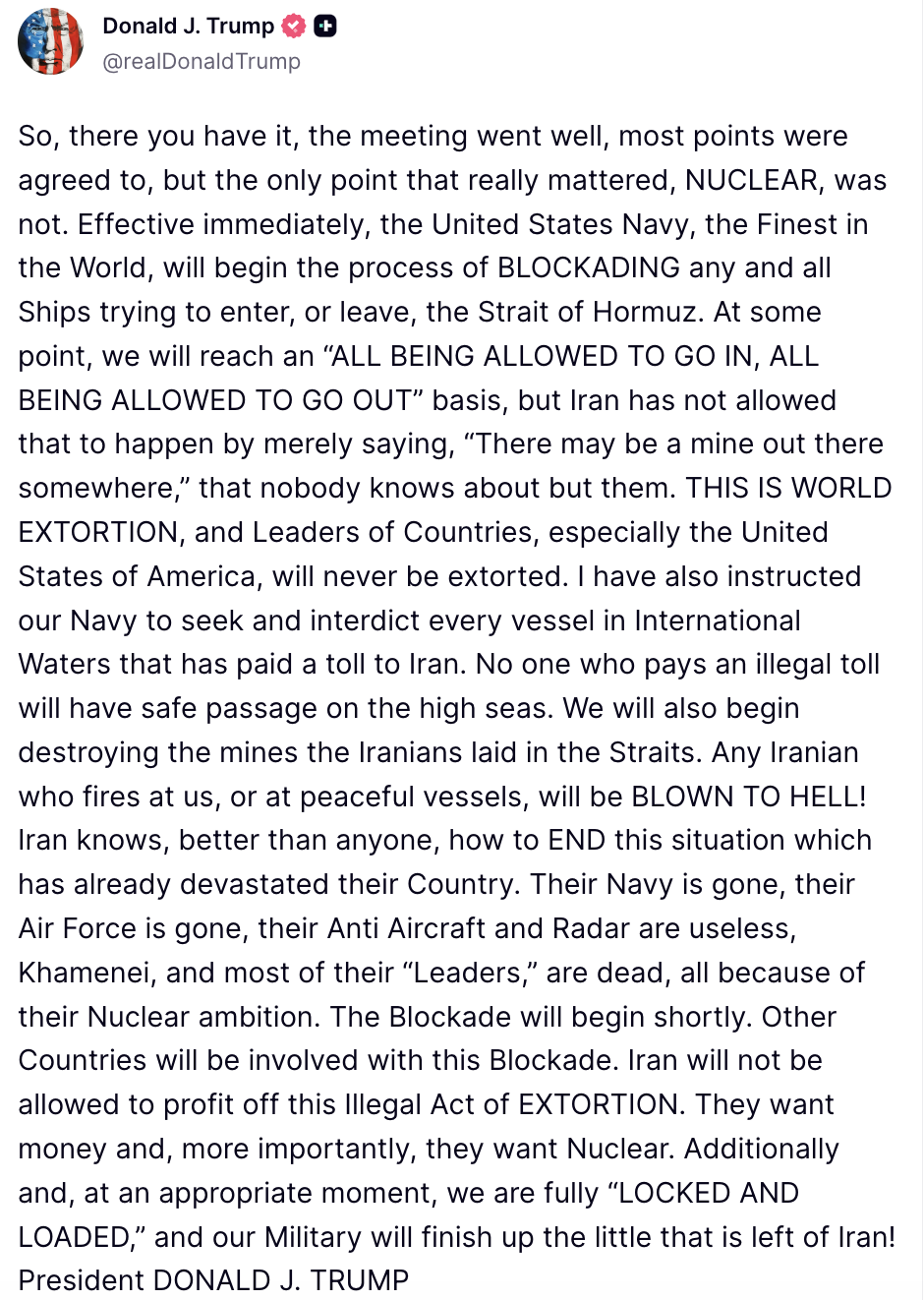 和平談判失敗 川普下令封鎖伊朗港口  油價漲回100美元之上、金價小跌