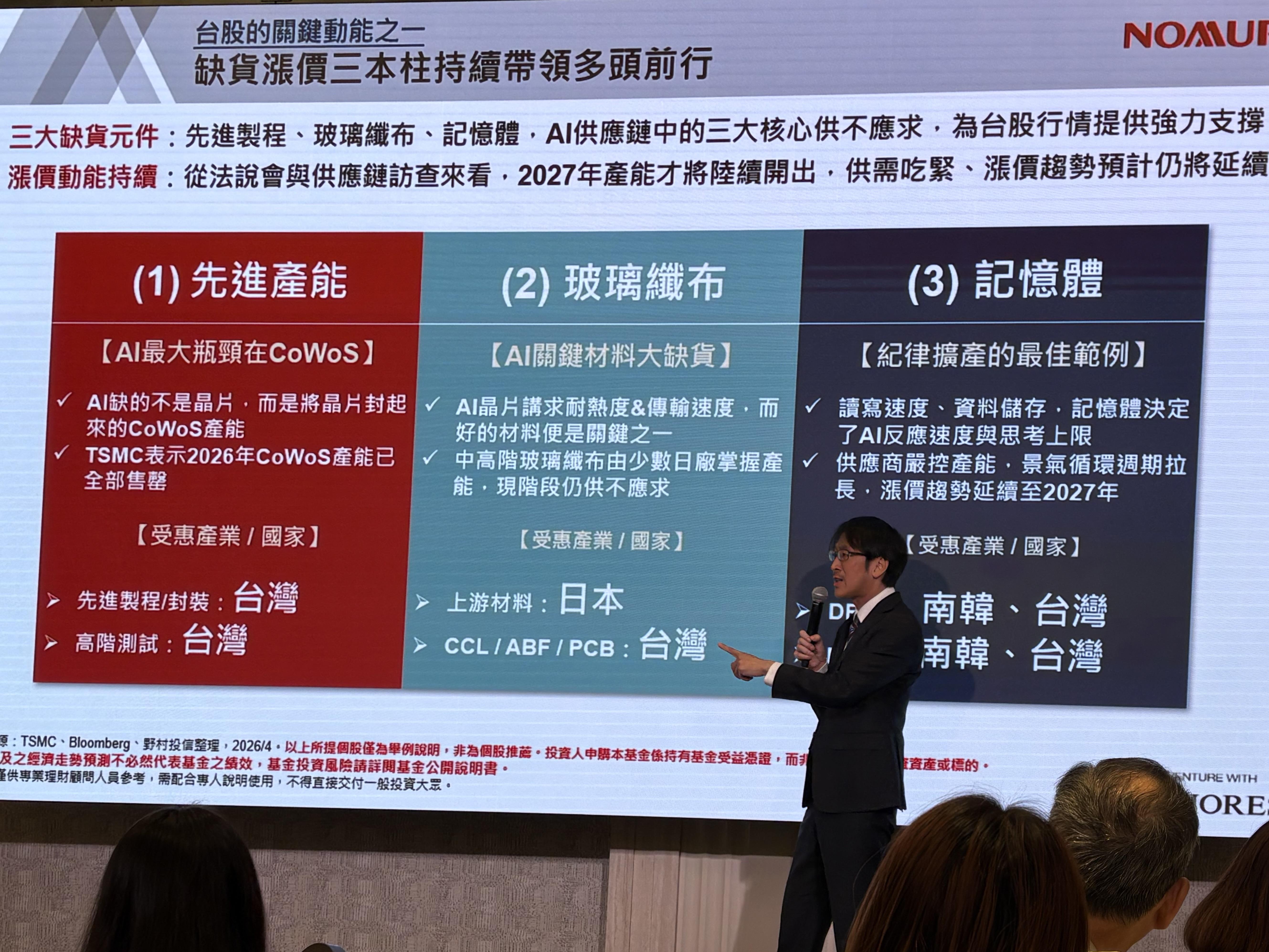 樓克望表示，先進製程、玻璃纖布、記憶體等均受惠在 AI 應用下「缺貨漲價」題材。圖：黃偉柏／攝影 