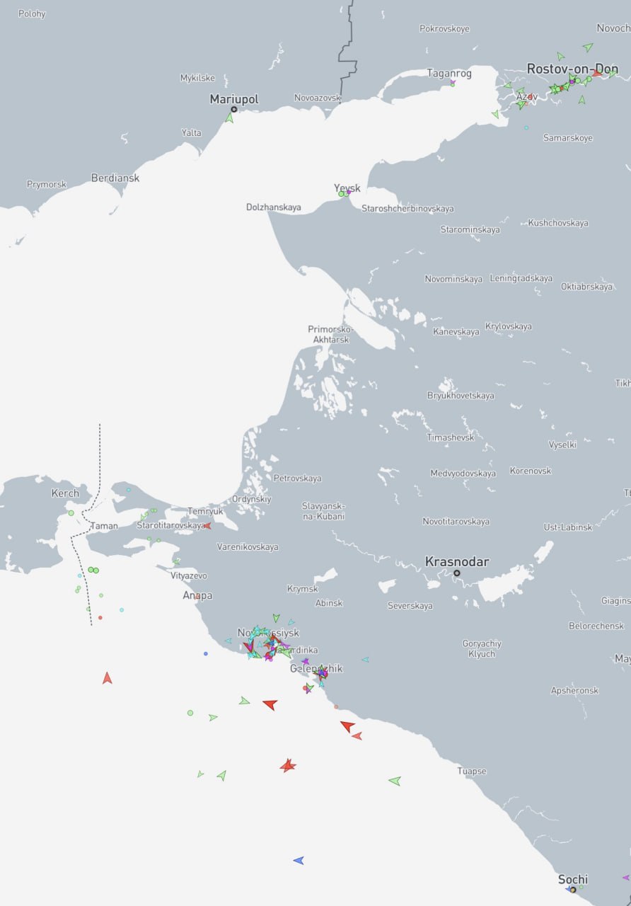  根據 MarineTraffic 的數據，亞速海的開闊水域中幾乎沒有船隻開啟AIS訊號。大多數船隻現在都停泊在港口、沿岸或頓河口附近避險。 圖：翻攝自 X @nexta_tv 