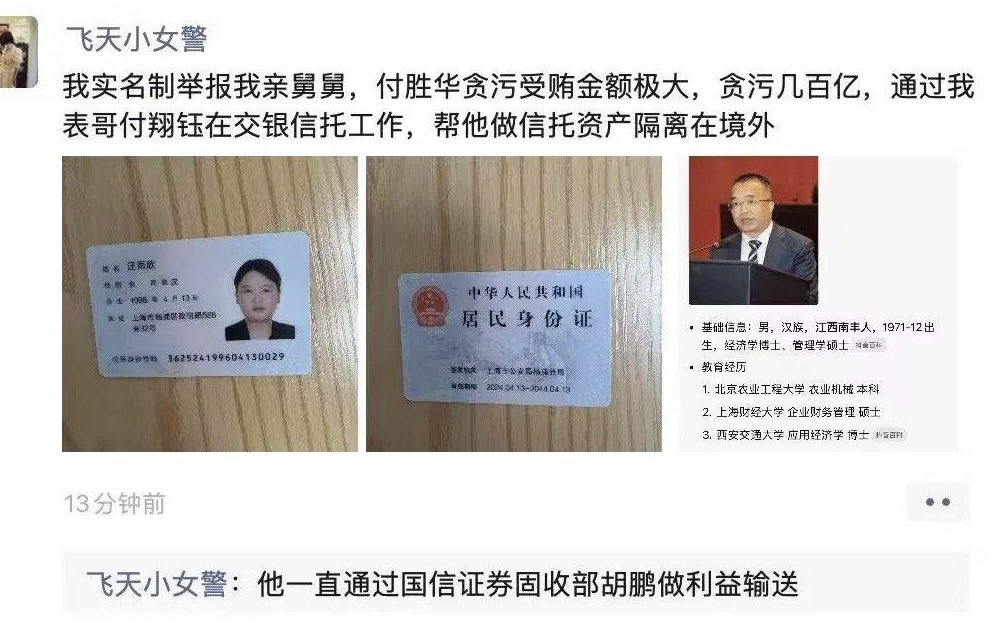  汪雨欣在舉報材料中透露，付勝華貪污受賄金額極大，高達數百億元。 圖：翻攝自 X 帳號 @破幕推牆 