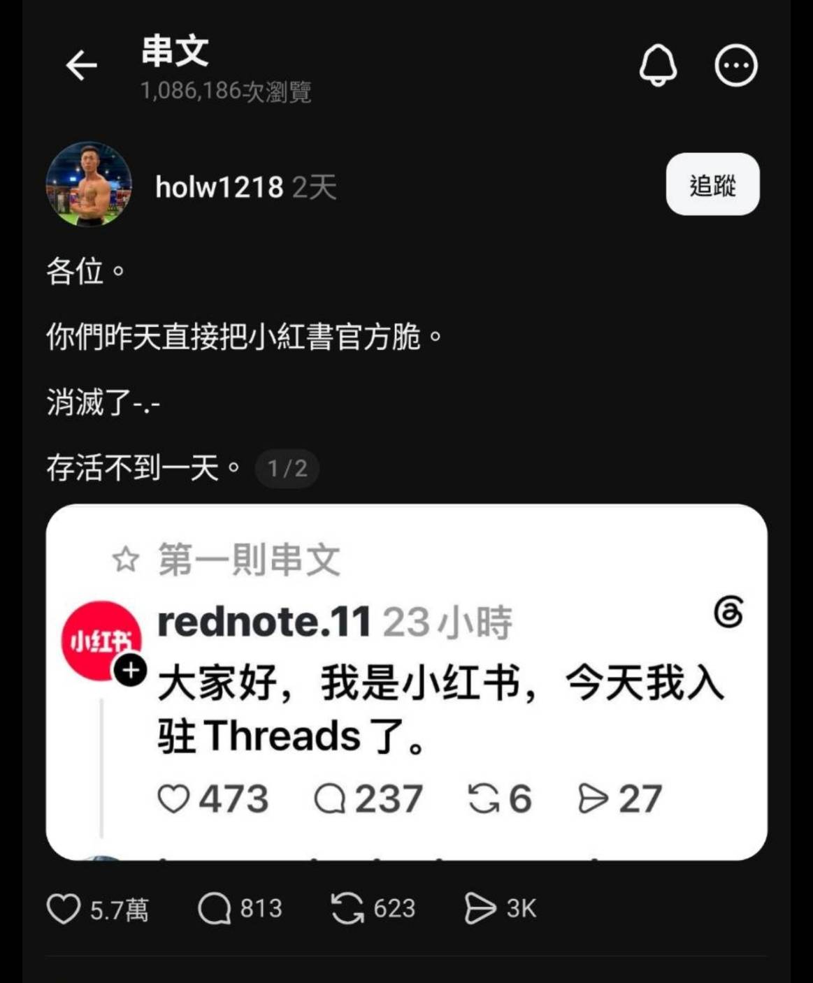  更是有網友表示台灣人直接把小紅書消滅了，其存在甚至不到一天。 圖：翻攝自 X @holw1218 