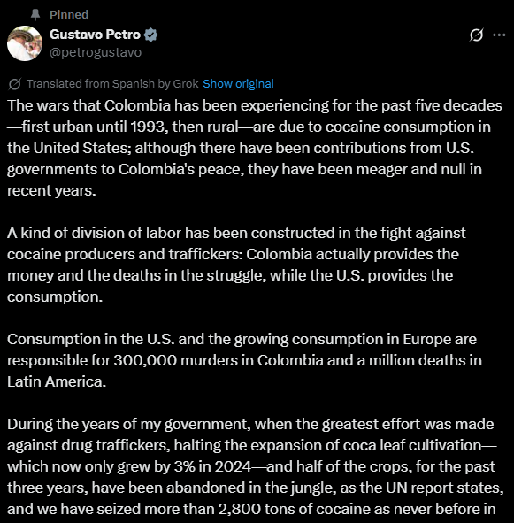 裴卓在 X 上發長文表達誠意。圖：翻攝自 X《Gustavo Petro》