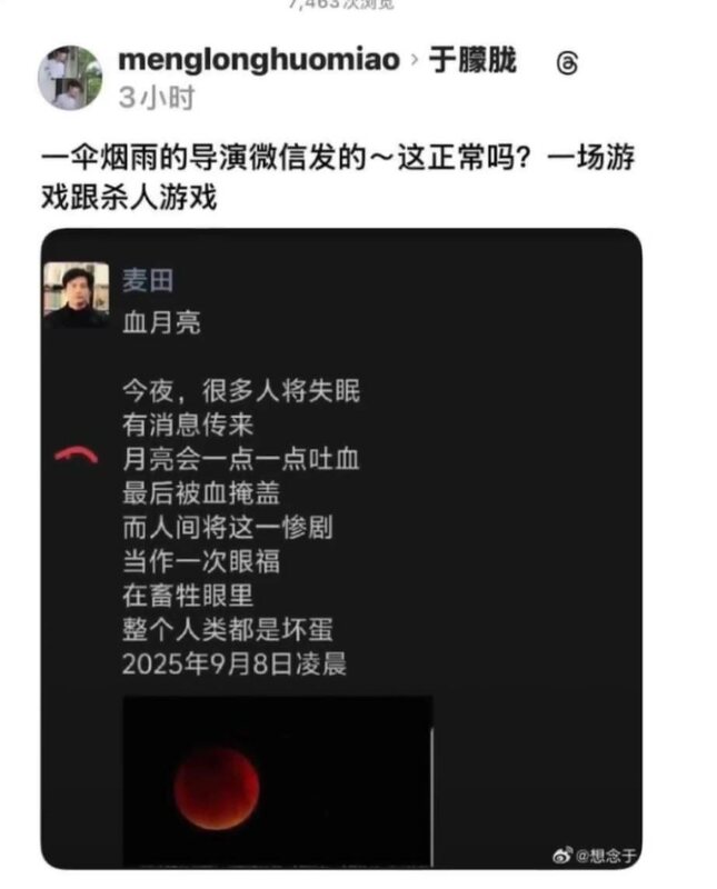  流傳〈一傘煙雨〉導演麥田在微信朋友圈的貼文，被網友認為意有所指。圖：翻攝自 X《新闻调查》